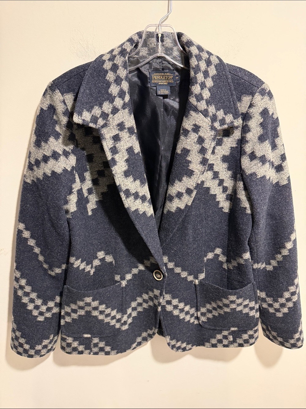 Vintage Pendleton Navy & Cream Geometric 100% Virgin Wool Blazer Size Medium